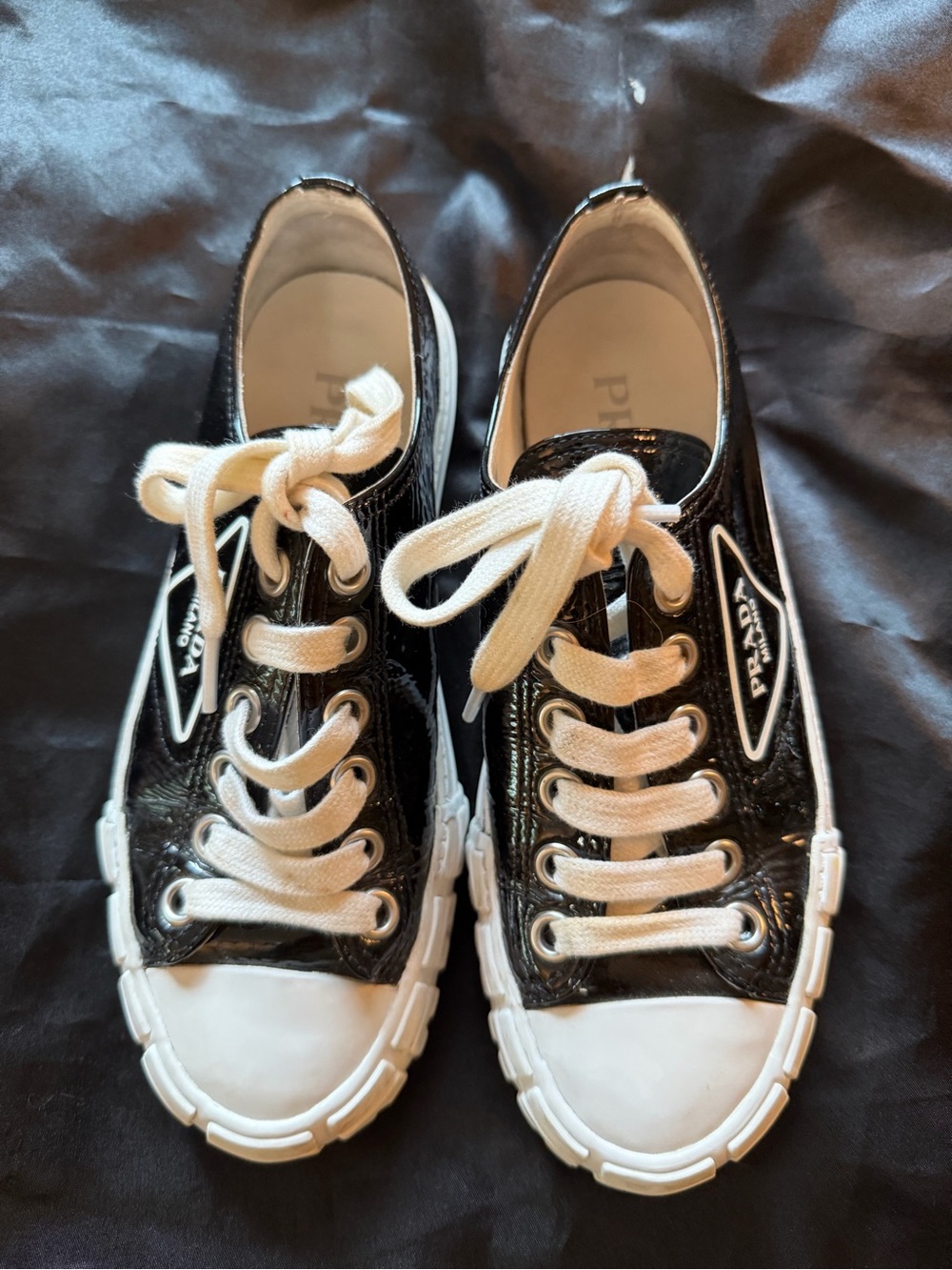 Prada Black Patent Leather womens Sneakers with White Trim
